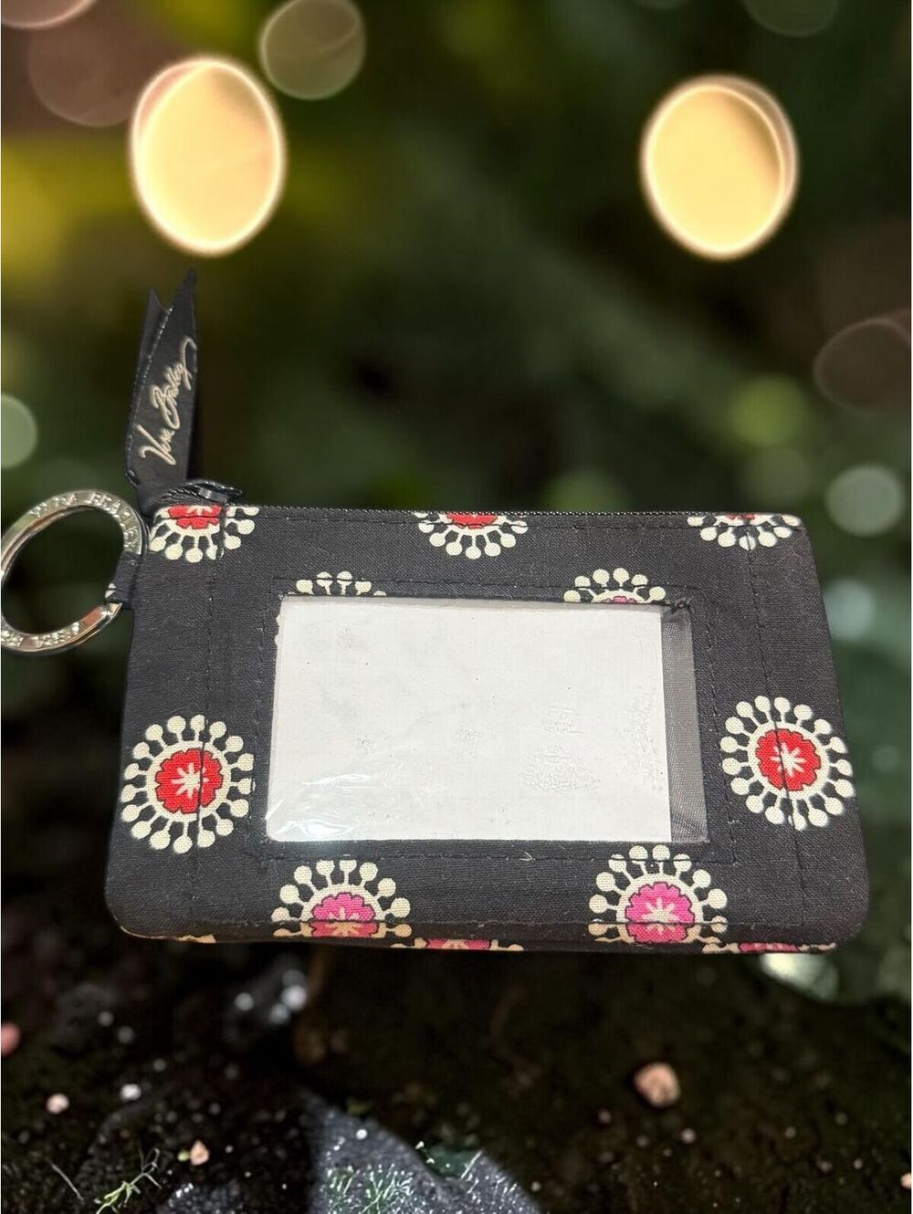 Vera Bradley Vintage Zip ID Case Black Pink Floral Key Ring Card Holder Y2K